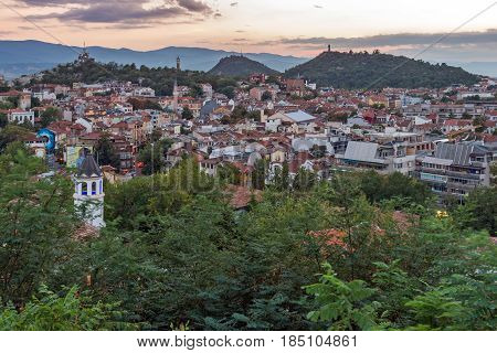 PLOVDIV, BULGARIA - SEPTEMBER 2 2016:  Sunset view of city of Plovdiv from Nebet tepe hill, Bulgaria