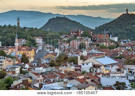 PLOVDIV, BULGARIA - SEPTEMBER 2 2016:  Sunset view of city of Plovdiv from Nebet tepe hill, Bulgaria