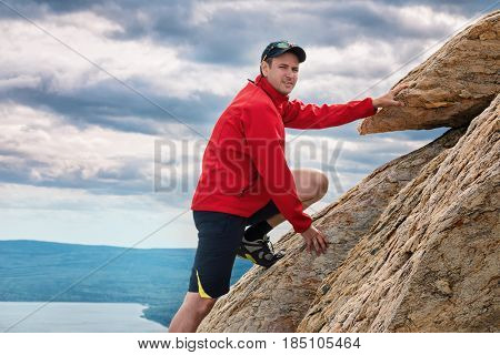 Happy Man Mountaineering National Park Zuratkul Chelyabinsk Russia.