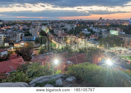 PLOVDIV, BULGARIA - SEPTEMBER 2 2016:  Sunset view of city of Plovdiv from Nebet tepe hill, Bulgaria