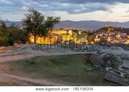 PLOVDIV, BULGARIA - SEPTEMBER 2 2016:  Sunset view of city of Plovdiv from Nebet tepe hill, Bulgaria