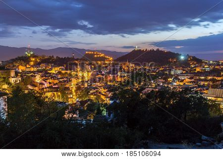 PLOVDIV, BULGARIA - SEPTEMBER 2 2016:  Sunset view of city of Plovdiv from Nebet tepe hill, Bulgaria