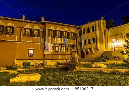 PLOVDIV, BULGARIA - SEPTEMBER 2 2016:  Night photo of House in old town of city of Plovdiv, Bulgaria
