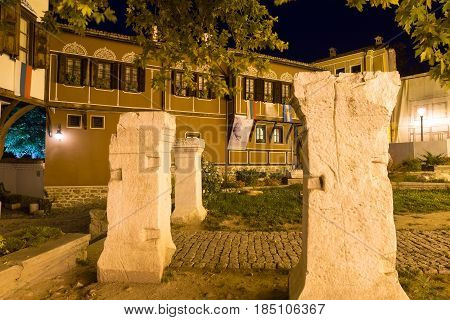 PLOVDIV, BULGARIA - SEPTEMBER 2 2016:  Night photo of House in old town of city of Plovdiv, Bulgaria
