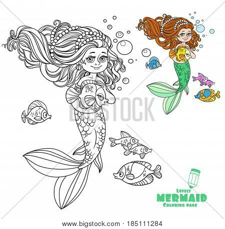 Cute Little Mermaid Girl Holds A Pet Fish Coloring Page On White Background