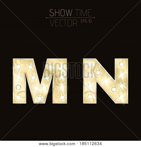 Gold letters M and N with sparkling light bulbs and a pattern. Alphabet for presentations and shows. Realistic vector illustration in 3d style. EPS 10