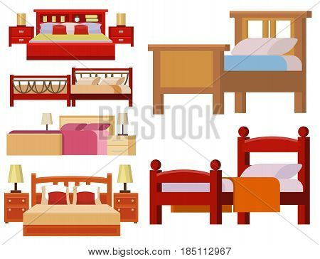 Vector bed icon set interior home rest collection sleep furniture comfortable night illustration. House relaxation information hostel bedtime modern service sign.