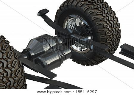 Car underbody with tires, close view. 3D rendering