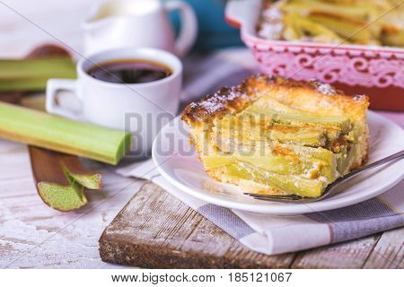 Traditional Rhubarb Pie With Espresso Coffee For Breakfast.