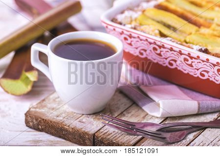 Traditional Rhubarb Pie With Espresso Coffee For Breakfast.