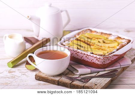 Traditional Rhubarb Pie With Tea For Breakfast.