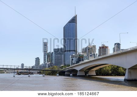 BRISBANE, AUSTRALIA - APRIL 29 2017: Brisbane CBD skyline and 1 William Street building with connecting Goodwill bridge and highway.