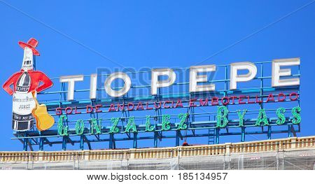 Madrid, Spain - September 06, 2016: Vintage Tio Pepe advertisement at Puerta del Sol in Madrid
