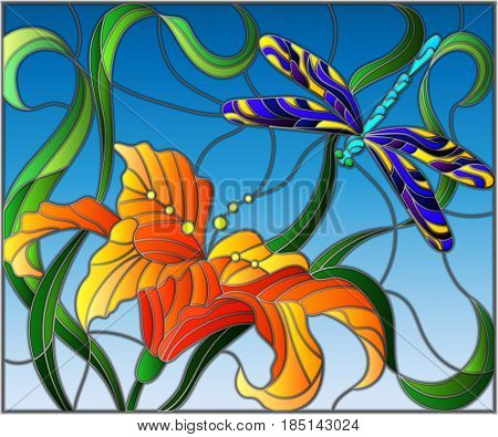 Illustration in stained glass style with bright dragonfly against the sky foliage and flower of Lily
