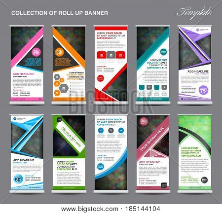 Collection of colorful Roll Up Banner stand template set business flyer advertisement display layout x-banner and flag-banner pull up polygon background