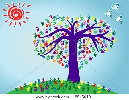 Vector Illustration of an Abstract heart Tree with Colorful Hand Prints