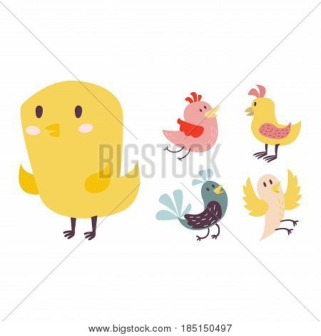 Set of cute birds hand drawn vector happy drawing decoration. Cartoon collection with funny little cute bird family hand drawn. Vector character wing colorful cute birds wild sweet animals.