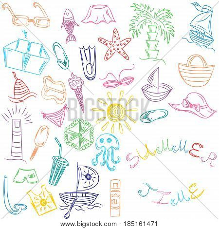 Summer Time. Hand Drawings of Summer Vacancies Symbols. Colorful Doodle Boats Ice cream Palms Hat Umbrella Jellyfish Cocktail Sun. Vector Illustration.