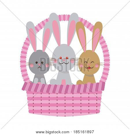 pink basket with cute easter rabbits vector illustration