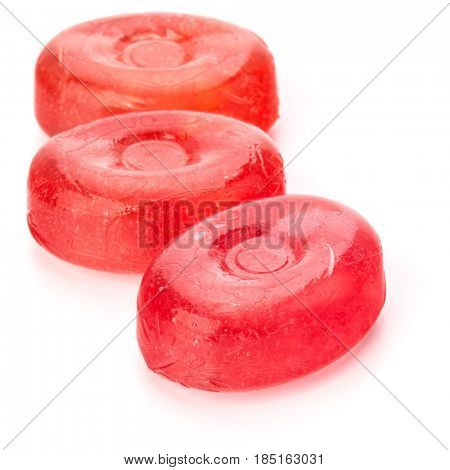Three colorful fruit hard sugar candies,  boiled sweeties or sugar plums isolated on white background cutout