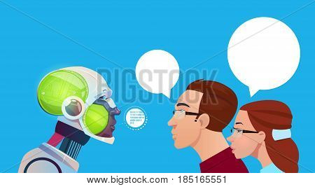 Artificial Intelligence People Communication With Modern Robot Brain Technology Flat Vector Illustration