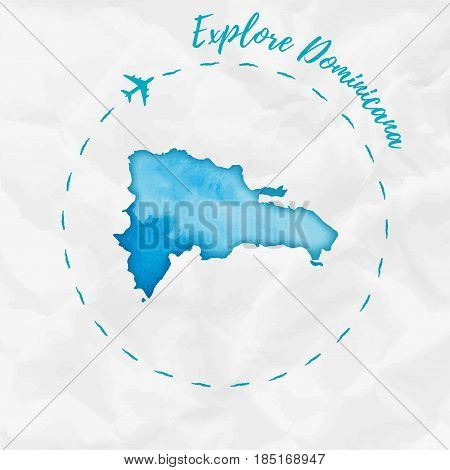 Dominicana Watercolor Map In Turquoise Colors. Explore Dominicana Poster With Airplane Trace And Han