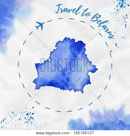 Belarus Watercolor Map In Blue Colors. Travel To Belarus Poster With Airplane Trace And Handpainted
