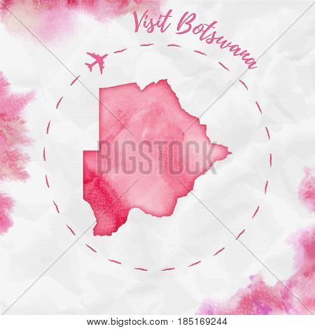 Botswana Watercolor Map In Red Colors. Visit Botswana Poster With Airplane Trace And Handpainted Wat