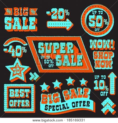 Set of super sale and discount tags, best offer and shop now promotion emblems, advertising and marketing poster, black background. Vector illustration