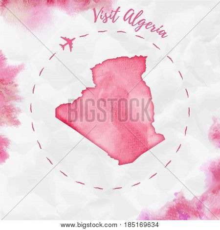 Algeria Watercolor Map In Red Colors. Visit Algeria Poster With Airplane Trace And Handpainted Water