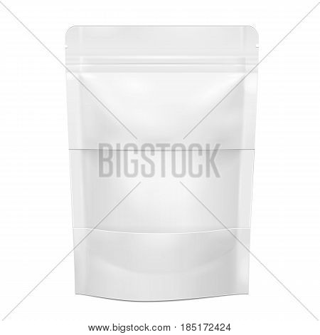 White Blank Foil Food Doy Pack Stand Up Pouch Bag Packaging With Zipper. Illustration Isolated On White Background. Mock Up, Mockup Template Ready For Your Design. Vector EPS10