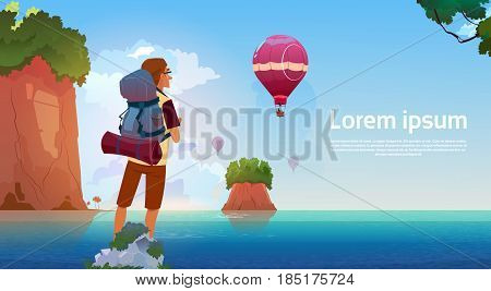 Man Backpacker Enjoy View In Mountains Lake Traveler On Summer Adventure Vacation Concept Flat Vector Illustration