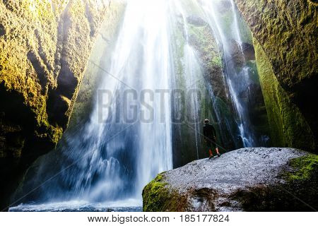 Perfect view of famous powerful Gljufrabui cascade in sunlight. Dramatic and gorgeous scene. Unique place on earth. Location place Iceland, sightseeing Europe. Explore the world's beauty and wildlife