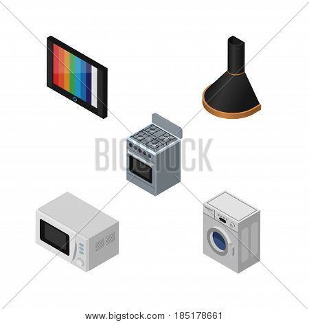 Isometric Device Set Of Air Extractor, Microwave, Laundry And Other Vector Objects. Also Includes Device, Television, Stove Elements.