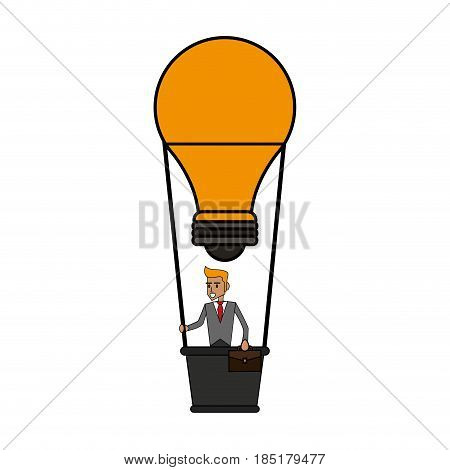 color image cartoon ligth bulb hot air balloon with executive man inside vector illustration
