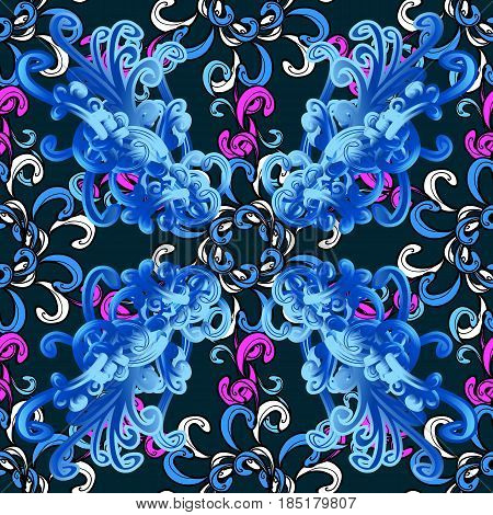 Boho Style Flower Seamless Pattern. Blue Background. Tiled Mandala Design Best For Print Fabric Or P
