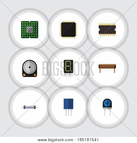 Flat Electronics Set Of Display, Bobbin, Transducer And Other Vector Objects. Also Includes Microprocessor, Resistor, Unit Elements.