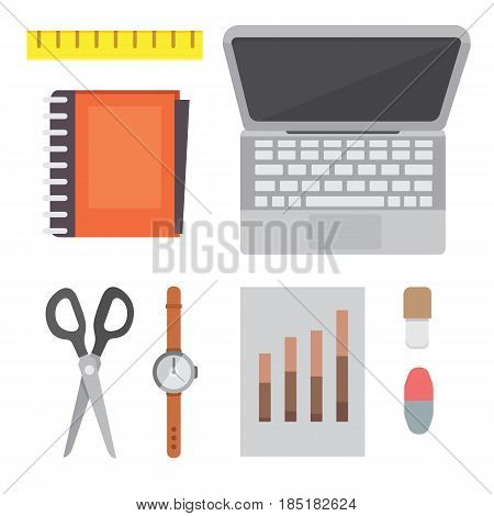 Workplace with mobile devices and documents. Office personal and Business Icons vector set. work table with gadget laptop flat illustration iolated