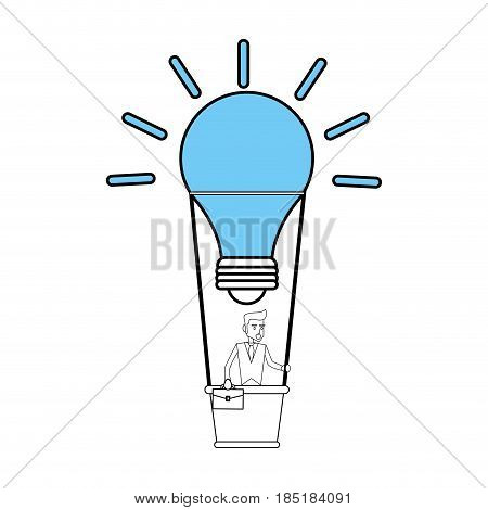 color silhouette image cartoon ligth bulb hot air balloon with executive man inside vector illustration