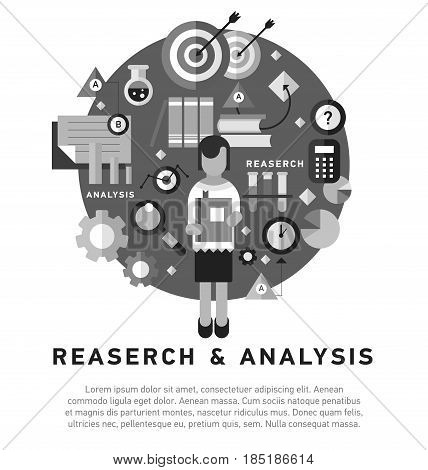 Doodle style concept of general research and analysis, problem solving, collecting data, scientific technologies approach. Flat illustration for web banners, hero images.