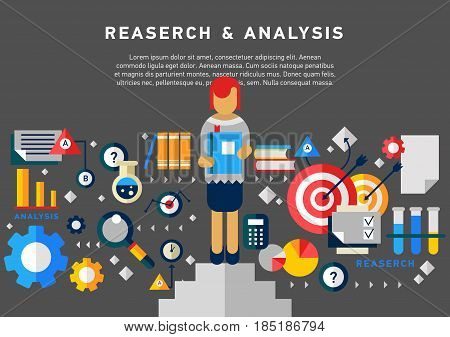 Doodle style concept of general research and analysis, problem solving, collecting data, scientific technologies approach. Flat illustration for web banners, hero images.