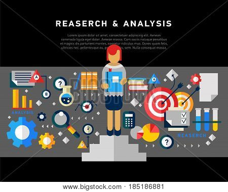 Doodle style concept of general research and analysis, problem solving, collecting data, scientific technologies approach. Flat illustration for web banners, hero images.