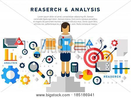 Doodle style concept of general research and analysis, problem solving, collecting data, scientific technologies approach. Flat illustration for web banners, hero images.