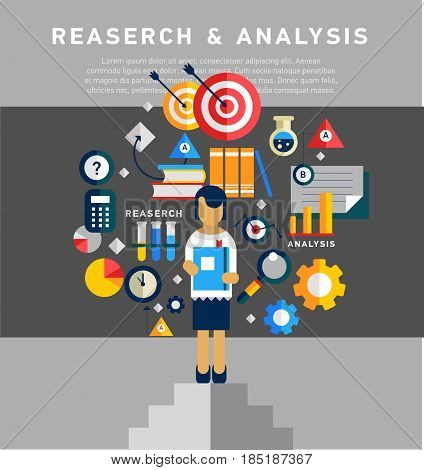 Doodle style concept of general research and analysis, problem solving, collecting data, scientific technologies approach. Flat illustration for web banners, hero images.
