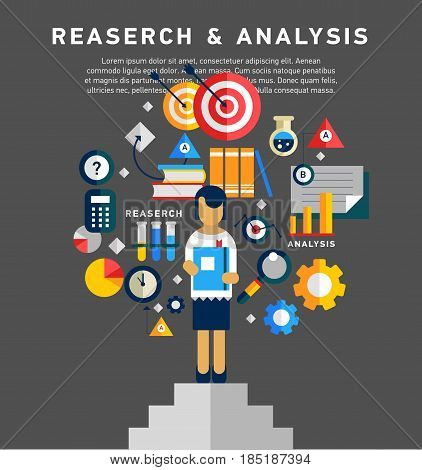 Doodle style concept of general research and analysis, problem solving, collecting data, scientific technologies approach. Flat illustration for web banners, hero images.