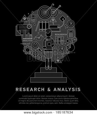 Doodle style concept of general research and analysis, problem solving, collecting data, scientific technologies approach. Flat illustration for web banners, hero images.