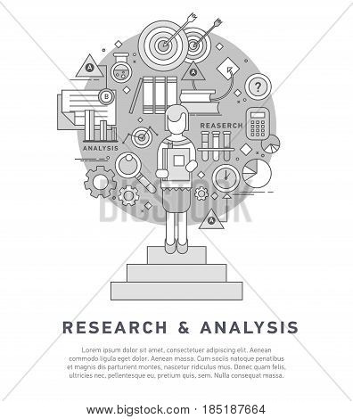 Doodle style concept of general research and analysis, problem solving, collecting data, scientific technologies approach. Flat illustration for web banners, hero images.