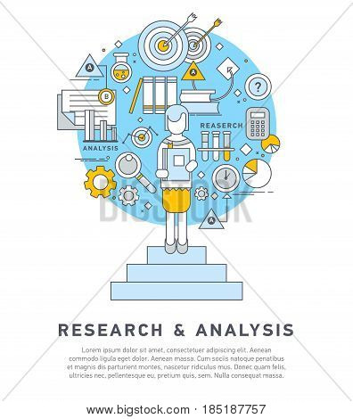 Doodle style concept of general research and analysis, problem solving, collecting data, scientific technologies approach. Flat illustration for web banners, hero images.