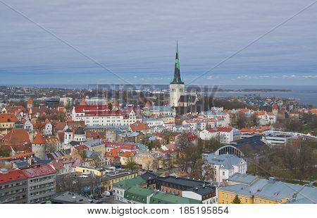 Panoramic view of old city of Tallinn with Oleviste (St.Olaf) church in the middle Estonia.