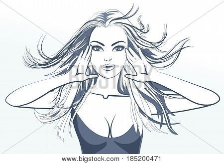 Beautiful girl with developing hair in blue colours. In the background-flowers